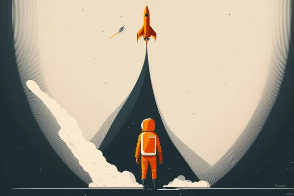 Illustration of a rocket launching into space as a banner, poster, or template for the International Day of Human Space Flight.