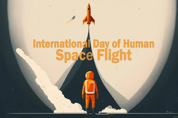 Illustration of a rocket launching into space as a banner, poster, or template for the International Day of Human Space Flight.