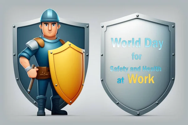 World Day for Safety and Health at Work. Illustration of a worker holding a shield. The concept of worker protection.