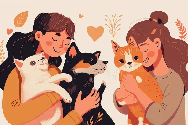 Love for animals. Children petting dogs. Children cuddle pets dogs illustration, happy girls and smiling boys with puppies image, pet licking animals and playing owners best friends.