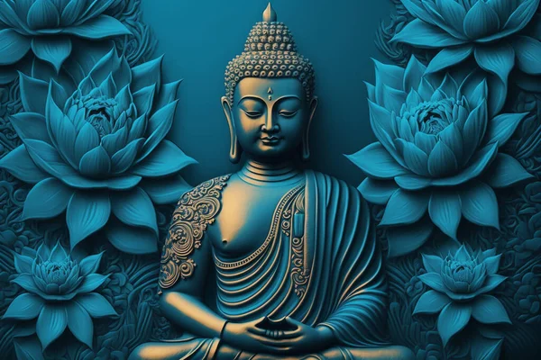 Buddha statue water lotus Buddha standing on lotus flower on orange background.