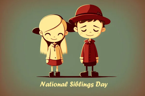 Cute brother and sister hugging each other. A greeting card for National Brothers and Sisters Day. Good relationship between sister and brother. Funny cartoon character