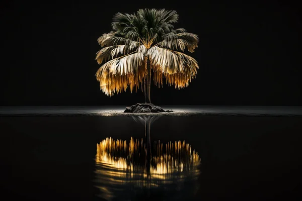 palm tree at night. The night landscape one palm tree minimalism.