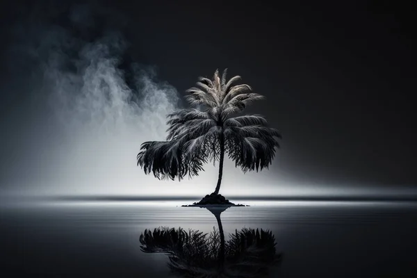 palm tree at night. The night landscape one palm tree minimalism.