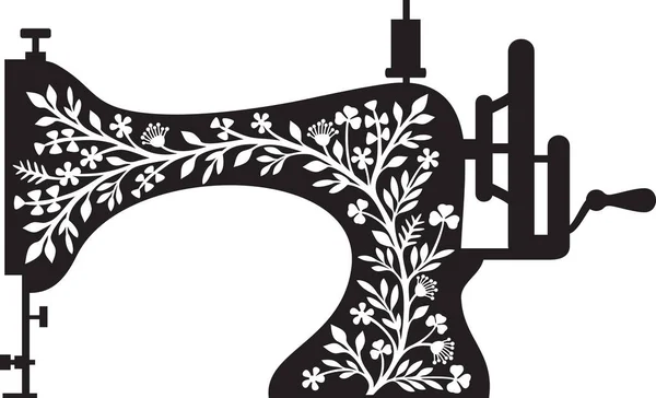 Floral Sewing Machine Vintage Design Black White Vector Illustration — Stock Vector