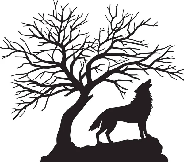 Siluet Howling Wolf Dan Scary Bare Black Tree Ilustrasi Vektor - Stok Vektor