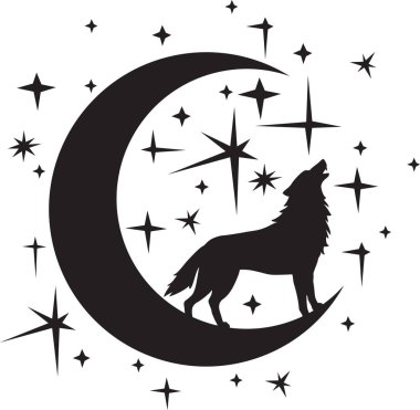 Uluyan Kurt 'un silueti, Gece Ayı ve Yıldızlar (Hilal). Vektör İllüstrasyonu.