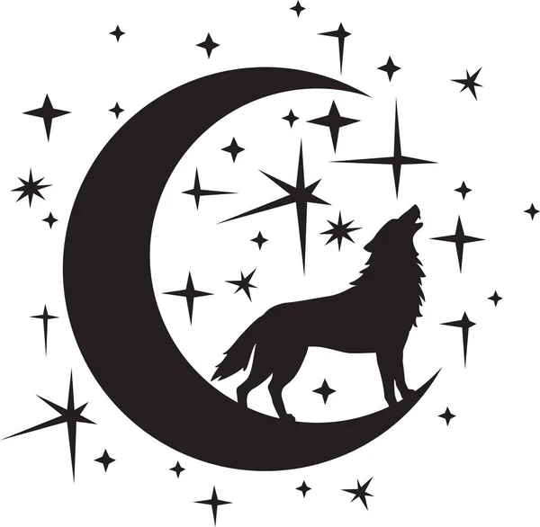 Siluet Howling Wolf Bulan Malam Dan Bintang Bintang Sabit Ilustrasi - Stok Vektor