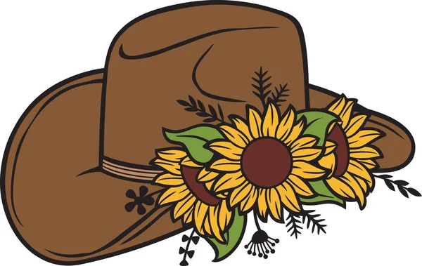 Chapéu Cowboy Floral Com Girassóis Plantas Ilustração Vetorial — Vetor de Stock
