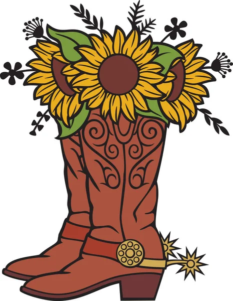 ひまわりや植物とカウボーイブーツ 花のデザイン ベクターイラスト — ストックベクタ