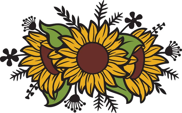 Florale Sonnenblumen Und Pflanzen Blumenstrauß Vektorillustration — Stockvektor
