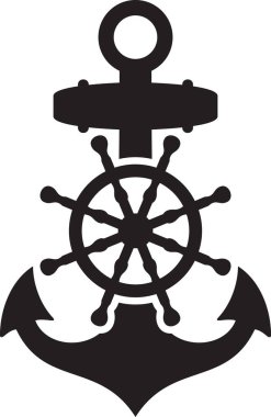 Nautical Ship Wheel and Anchor Black and White. Vector Illustration.