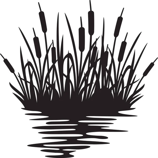 Reeds Silhouette Design Reflecting Lake River Illustration Bulrush Grass River Vecteurs De Stock Libres De Droits