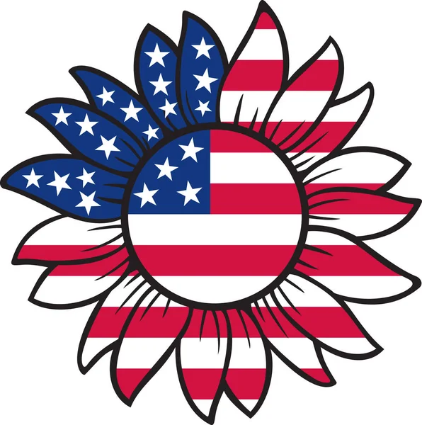 ひまわりの中のアメリカ国旗 7月4日のシンボル 愛国者のサインだ 7月4日 独立記念日 — ストックベクタ