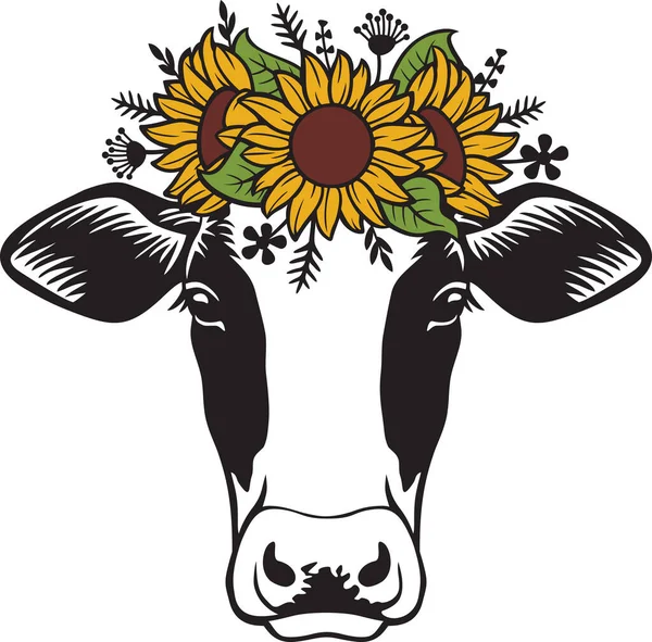 Cabeça Vaca Com Girassóis Grinalda Floral Ilustração Vetorial — Vetor de Stock