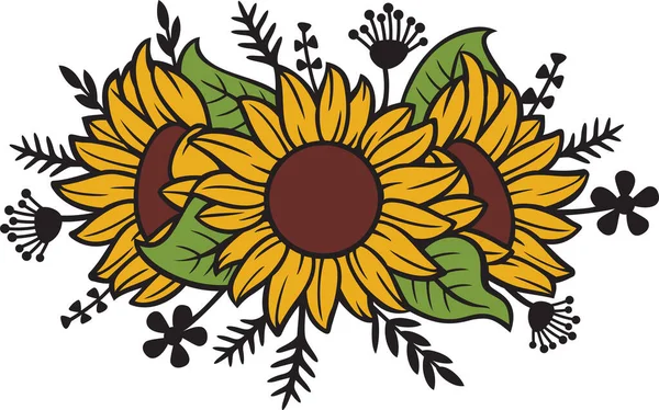 Florale Sonnenblumen Und Pflanzen Blumenstrauß Vektorillustration — Stockvektor