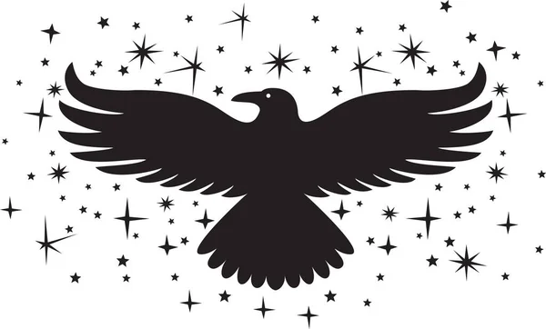 Uccello Corvo Con Scintille Stelle Bianco Nero Illustrazione Vettoriale — Vettoriale Stock