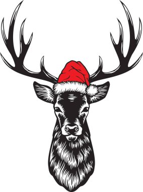 Noel Şapkalı Geyik Kafa. Vektör İllüstrasyonu.