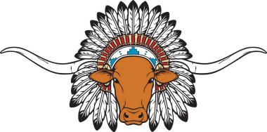 Longhorn Head, Kızılderili şefi Headresli. Vektör İllüstrasyonu.