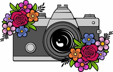 Çiçek Renkli Retro Kamera. Vektör İllüstrasyonu.