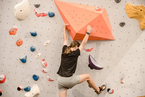Climbing Shoes Close Photo Indoor Bouldering Gym Climbing High Quality 图库照片