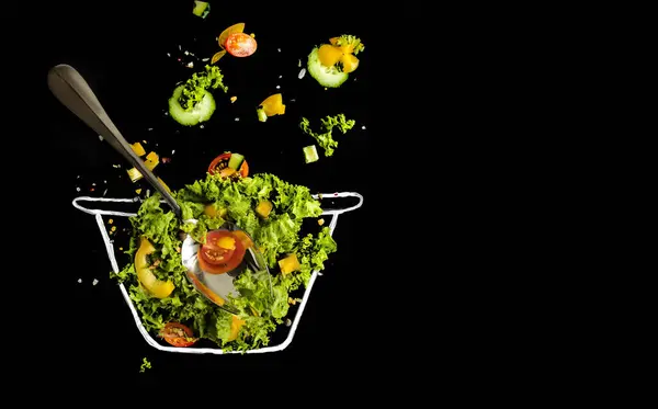 Fresh Seasonal Salad Served Meal Bowl Painted White Isolated Black — Stock Photo, Image