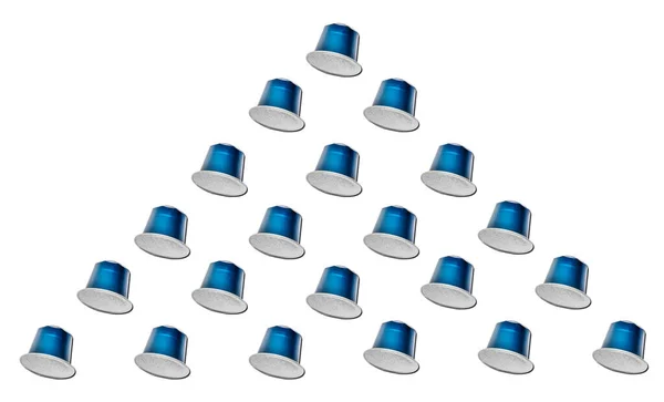 Pattern Made Blue Logo New Fresh Aluminum Coffee Capsules Isolated — Stock Photo, Image