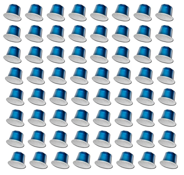 Pattern Made Blue Logo New Fresh Aluminum Coffee Capsules Isolated — Stock Photo, Image