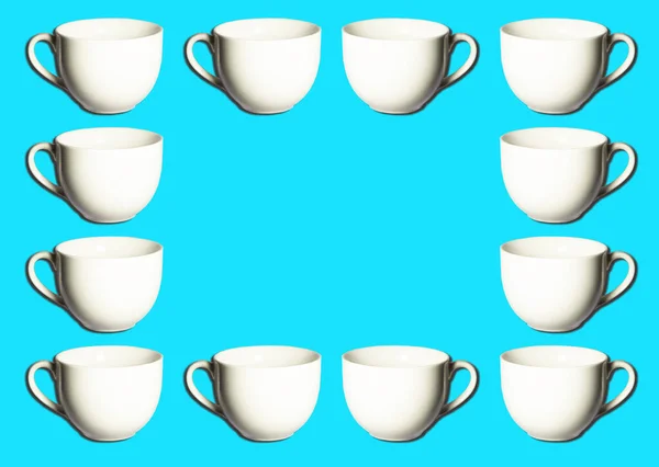 Muster Der Weißen Kaffee Oder Teetassen Isoliert Über Hell Bunten Stockbild