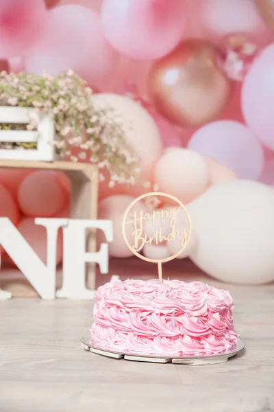 Pink White Decoration 1St Birthday Cake Smash Studio Photo Shoot — 图库照片