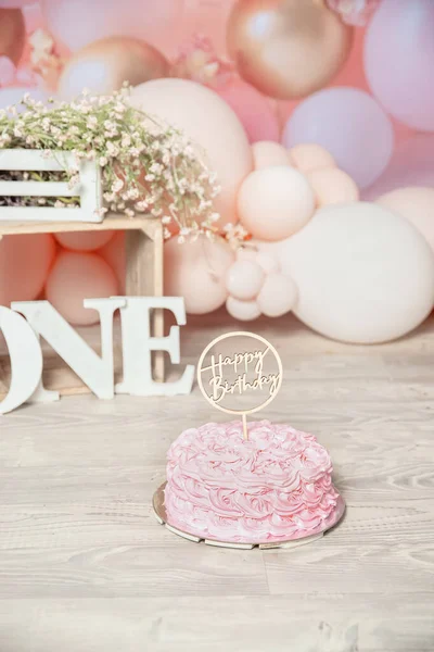 Pink White Decoration 1St Birthday Cake Smash Studio Photo Shoot — Stockfoto
