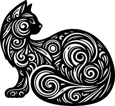 Siyah bir kedinin silüeti beyaz bir arka plan çizimindeki desenlerden -