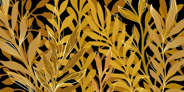 摘要金黄色热带线条艺术的背景矢量 带有金黄色叶子形状和涂鸦线叶的墙纸设计 古色古香的植物花型 — 图库矢量图片