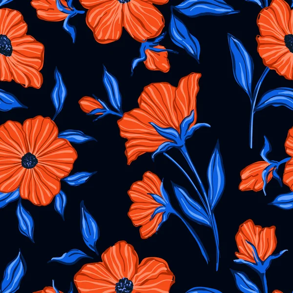Seamless Pattern Painting Flowers Leaves Background Vector Wallpaper Design Hand — 스톡 벡터