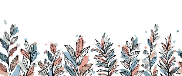 Листья Ветки Ручной Рисунок Каракули Scribble Цветочные Растения Баннер Бесшовная Стоковая Иллюстрация