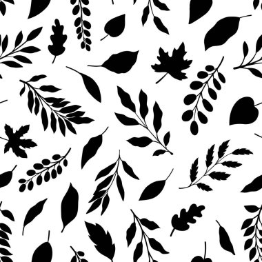 Leaves branch and Hand Drawn doodle Scribble floral plants seamless pattern. Creative minimalist, Abstract art background. Design wall decoration, postcard, poster or brochure