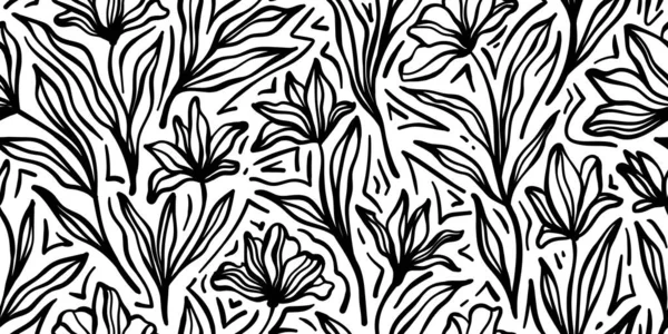 Blad Gren Och Handritade Klotter Scribble Blommiga Växter Banner Sömlöst — Stock vektor