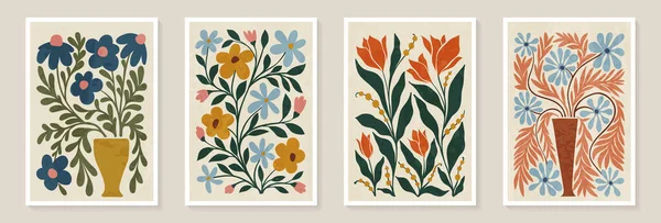 Ein Set Trendiger Vintage Wanddrucke Mit Blumen Blättern Und Formen lizenzfreie Stockvektoren