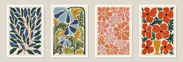 Set Trendy Vintage Wall Prints Flowers Leaves Shapes Modern Aesthetic Stock Vector