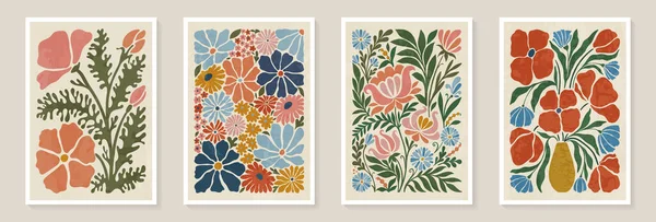 Ein Set Trendiger Vintage Wanddrucke Mit Blumen Blättern Und Formen lizenzfreie Stockillustrationen