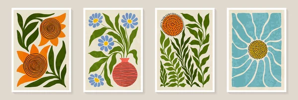 Szett Trendi Vintage Fallenyomatokat Virágokkal Levelekkel Formákkal Modern Esztétikai Illusztrációk Stock Illusztrációk