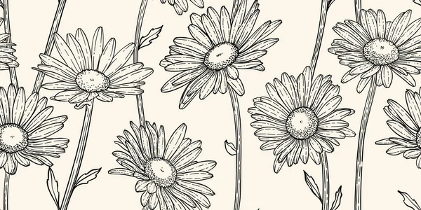 Ручной Рисунок Каракули Цветочные Растения Ромашки Бесшовный Узор Абстрактные Цветы — стоковый вектор