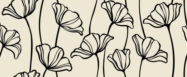 葉の枝と手描きのドアドアスクリブル花植物バナー シームレスなパターン 創造的なミニマリスト 抽象アートの背景 壁の装飾 ポストカード ポスター パンフレットのデザイン — ストックベクタ