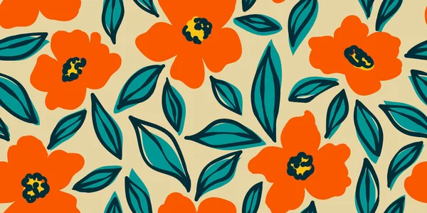 シームレスなパターンの絵画の花や葉の背景ベクトル 手で壁紙のデザインはレトロな花 葉を描きます ヴィンテージ植物の花のパターン ファブリックとレトロな質感 — ストックベクタ