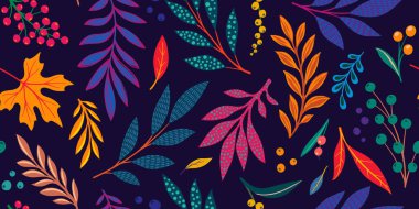 Yaratıcı minimalist el çizimi soyut sanat kusursuz desen sarı, mor arka planda turuncu yaprak çizimi. Moda, kumaş, ağ, duvar kağıdı, tekstil, ambalaj kağıdı için tasarım arka planı