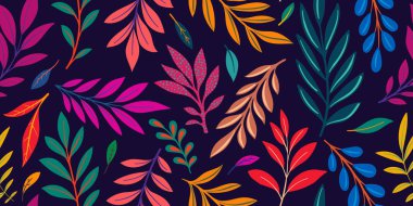 Yaratıcı minimalist el çizimi soyut sanat kusursuz desen sarı, mor arka planda turuncu yaprak çizimi. Moda, kumaş, ağ, duvar kağıdı, tekstil, ambalaj kağıdı için tasarım arka planı