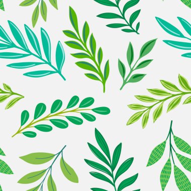 Soyut sanat yeşili renkler tropikal çizgi sanatı arka plan vektörünü terk eder. Kusursuz desen. Yapraklı duvar kağıdı tasarımı ve karalama çizimi doğrusal yaprak. Klasik botanik çiçek deseni