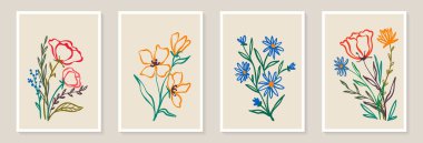 Çiçekli, yapraklı, şekilli modaya uygun klasik duvar baskıları. Modern estetik çizimler. Çağdaş sanatsal tasarım duvar dekorasyonu, kartpostal, poster, broşür koleksiyonu