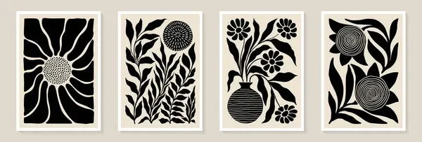 Szett Trendi Vintage Fali Nyomatok Fekete Fehér Virágokkal Levelekkel Formákkal Stock Vektor