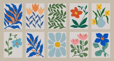 Çiçekli, yapraklı, şekilli modaya uygun klasik duvar baskıları. Modern estetik çizimler. Çağdaş sanatsal tasarım duvar dekorasyonu, kartpostal, poster, broşür koleksiyonu.